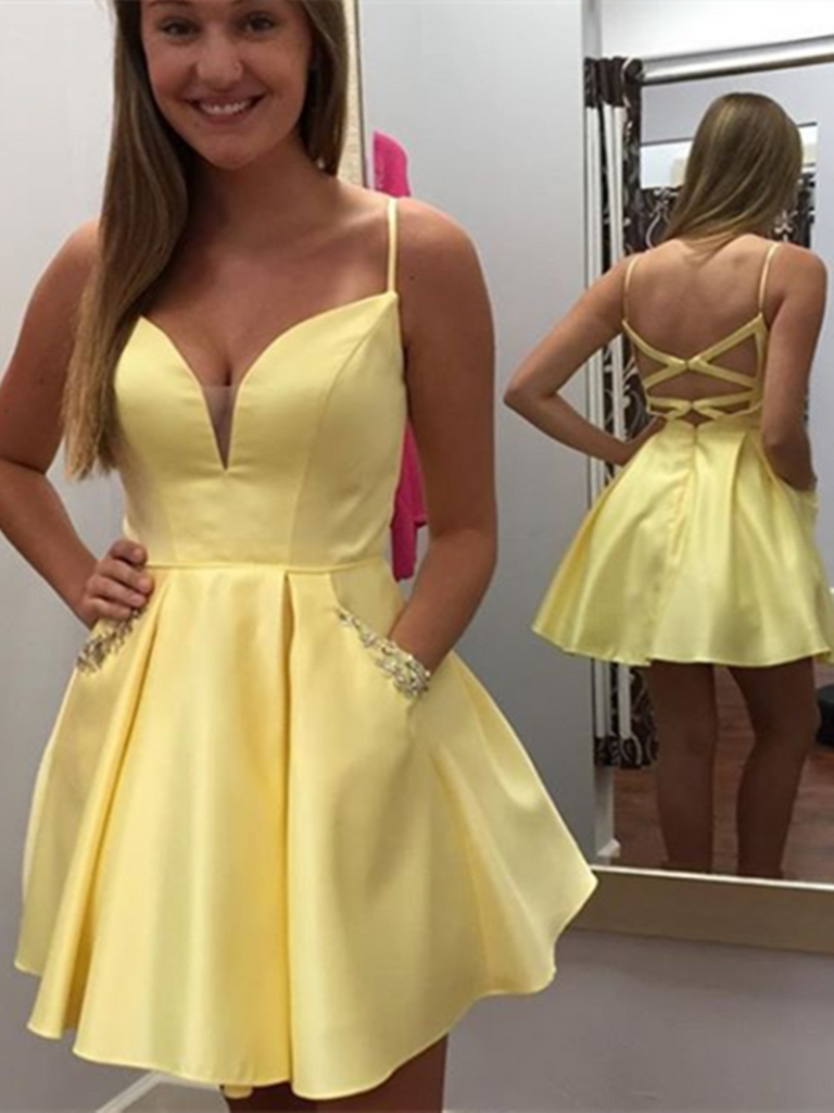 Cute Yellow Satin A-line V-neck Two Pieces Short Homecoming Dresses, MH565, Piece Hoco Dresses