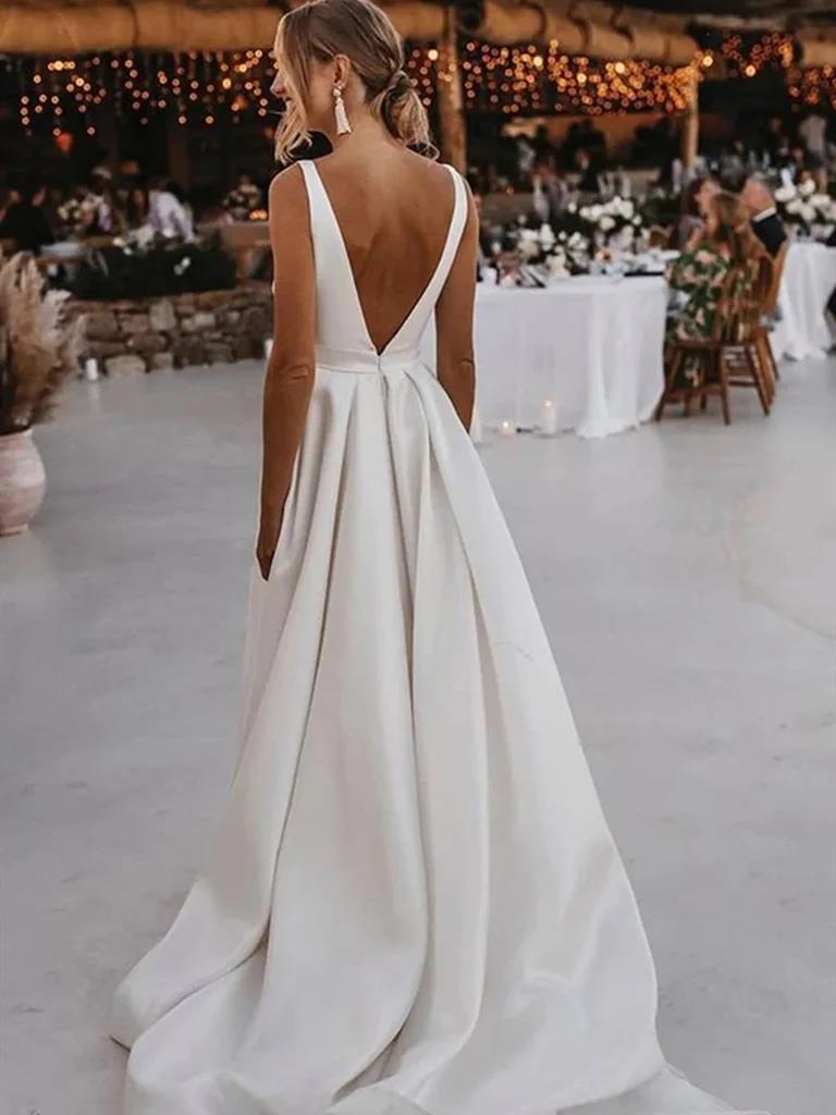 A Line Deep V Neck Ivory Satin Wedding Dresses, V Neck Ivory Satin Pro morievent A Line Deep V Neck Ivory Satin Wedding Dresses, V Neck Ivory Satin Pro morievent