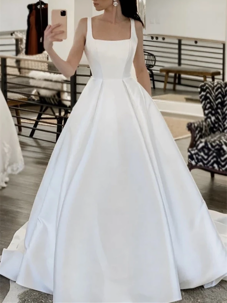 A Line Square neckline White Satin Long Prom Dresses, White Satin Long morievent A Line Square neckline White Satin Long Prom Dresses, White Satin Long morievent