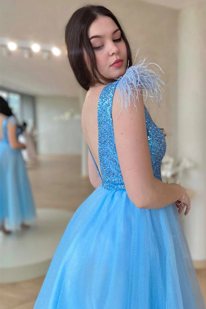 V Neck Shiny Sequins Blue Tulle Tea Length Prom Dress, Blue Tulle Home morievent V Neck Shiny Sequins Blue Tulle Tea Length Prom Dress, Blue Tulle Home morievent