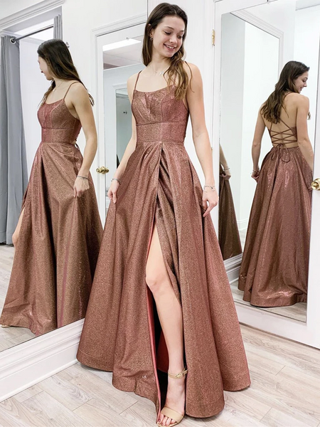 Shiny Backless Brown Long Prom Dresses, Open Back Brown Long Formal Evening Dresses