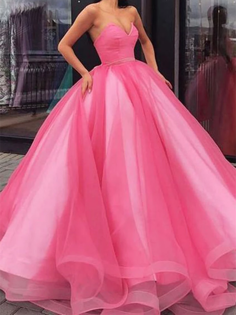 Pink Sweetheart Neck Tulle Long Prom Dresses, Pink Sweetheart Neck Tulle Long Formal Evening Dresses