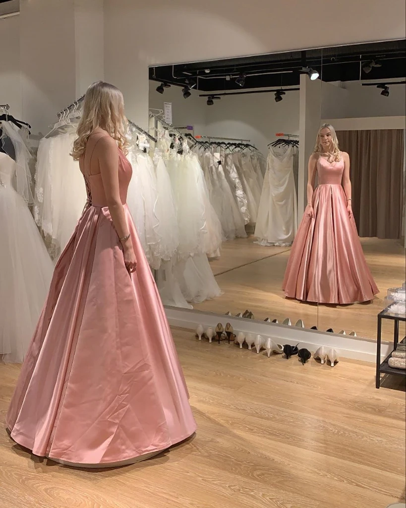 V Neck Princess Pink Satin Long Prom Dresses, V Neck Pink Formal Gradu morievent V Neck Princess Pink Satin Long Prom Dresses, V Neck Pink Formal Gradu morievent