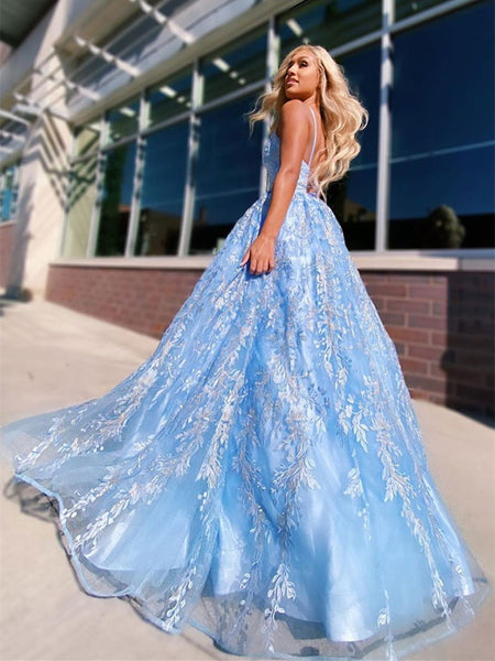 V Neck Blue Tulle Lace Long Prom Dresses,  Blue Tulle Lace Long Evening Dresses