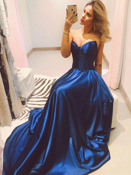 A Line Blue Strapless Satin Long Prom Dresses, Blue Strapless Satin Long Formal Evening Dresses