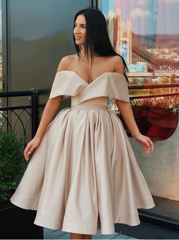 Champagne Off Shoulder Satin Short Prom Dresses , Champagne Formal Dresses, Off The Shoulder Evening Graduation Homecoming Dresses