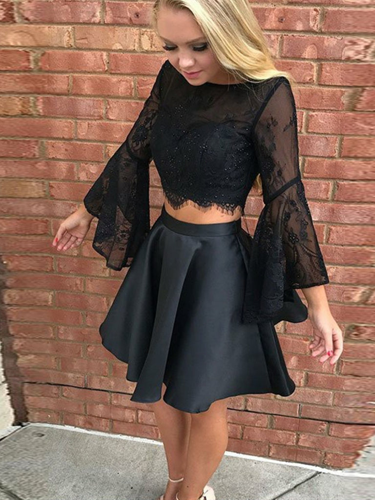 Two piece black short homecoming dresses, 2 pieces long sleeves prom dresses