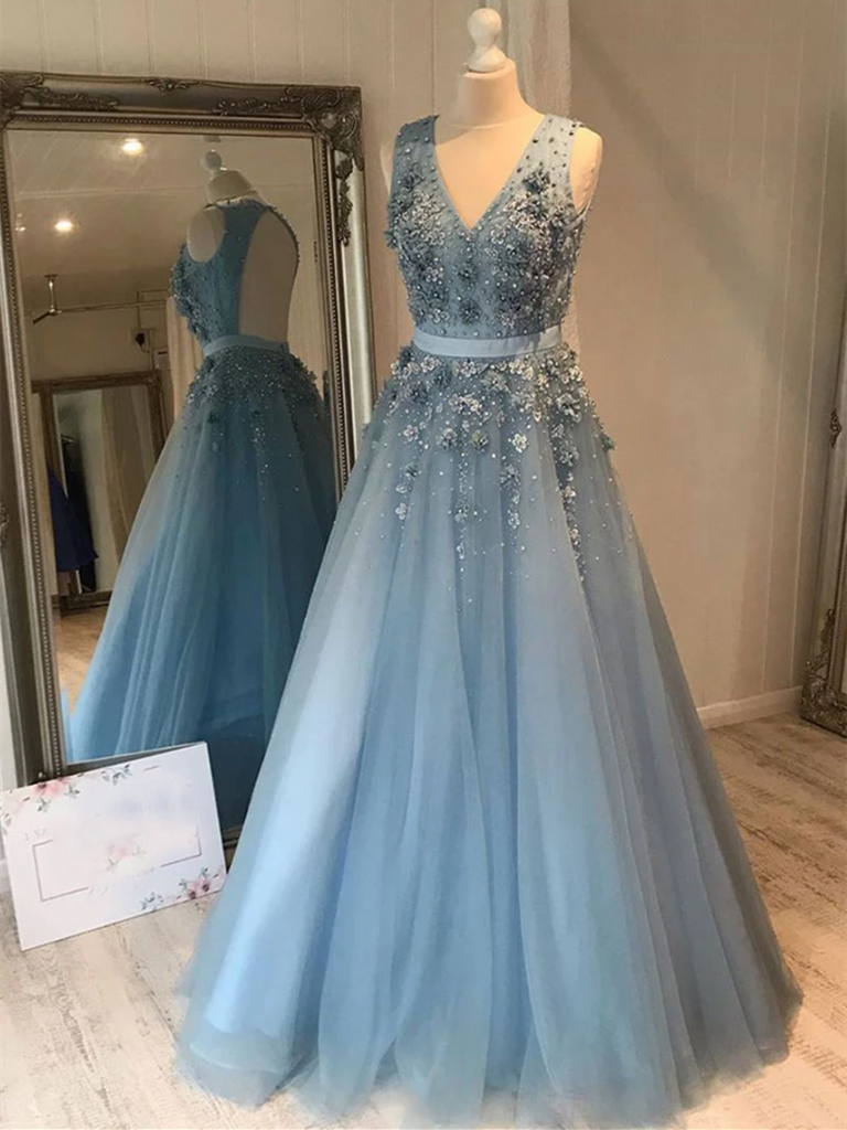 V Neck Blue Tulle Lace Long Prom Dresses, V Neck Blue Tulle Lace Long Evening Dresses