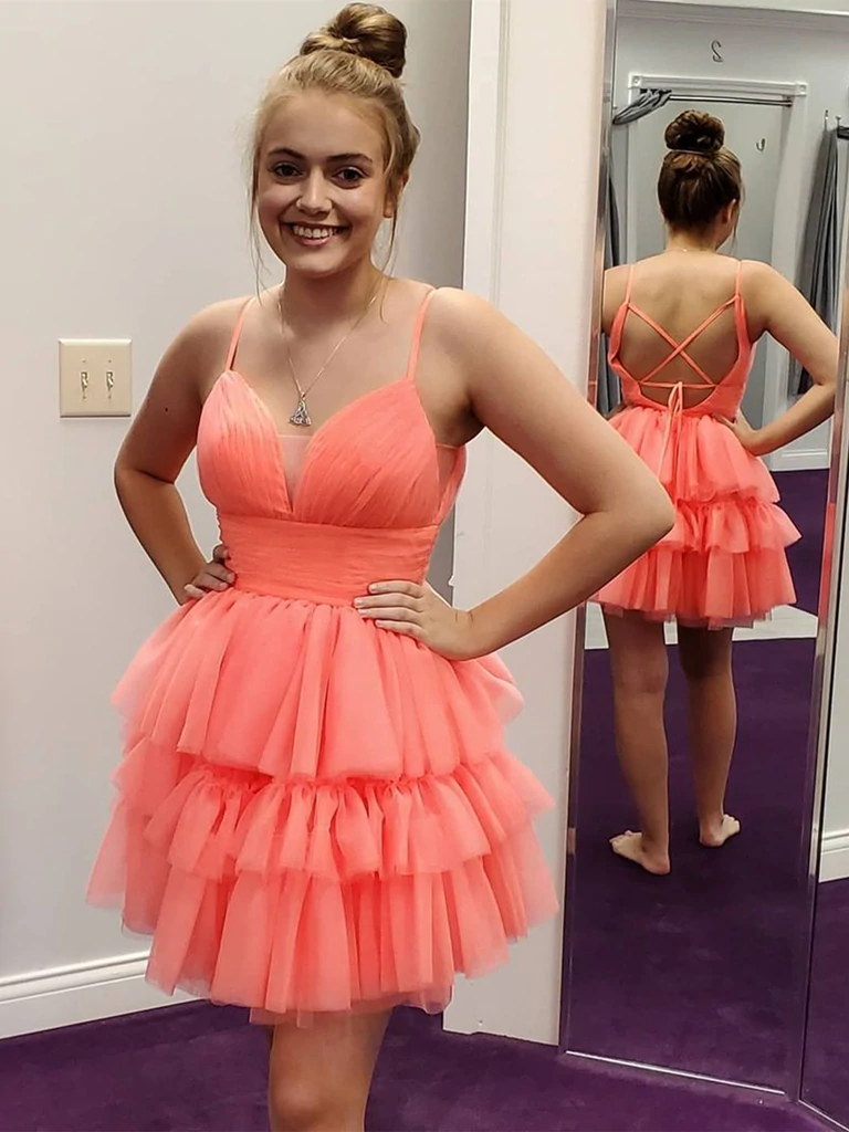 V Neck Open Back Layered Coral Short Prom Dresses, V Neck Coral Homeco morievent V Neck Open Back Layered Coral Short Prom Dresses, V Neck Coral Homeco morievent