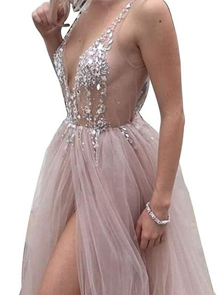V neck pink backless beaded tulle long prom dress with high leg slit, pink backless beaded tulle evening dress