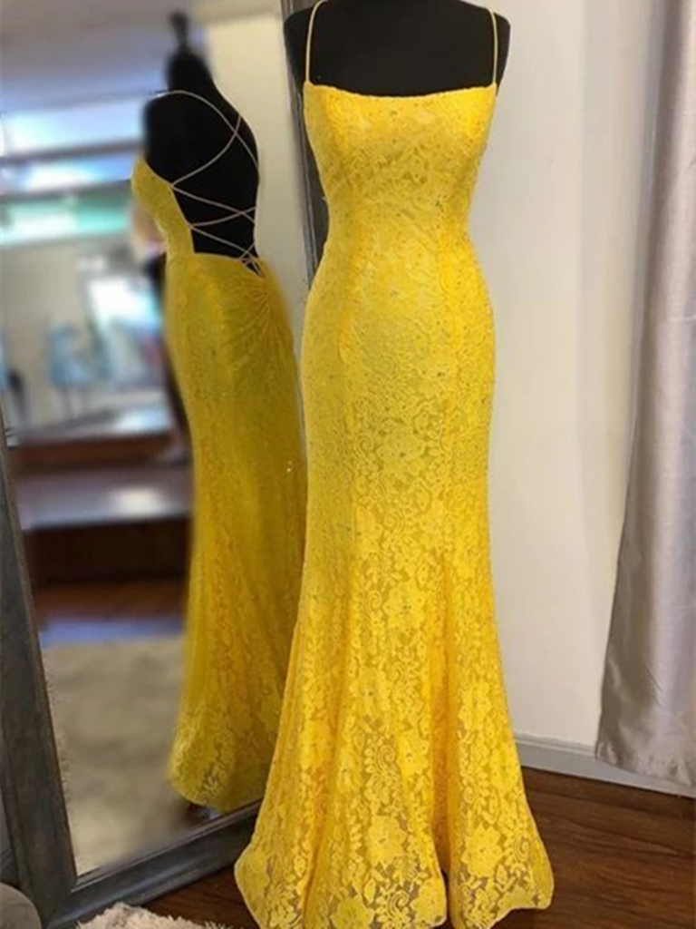 Yellow Mermaid Lace Backless Prom Long Dresses 2020, Graduation School Party Gown, Yellow Mermaid Lace Backless Formal Evening Dresses