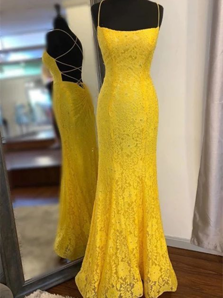 Yellow Mermaid Lace Backless Prom Long Dresses 2020, Graduation School morievent Yellow Mermaid Lace Backless Prom Long Dresses 2020, Graduation School morievent