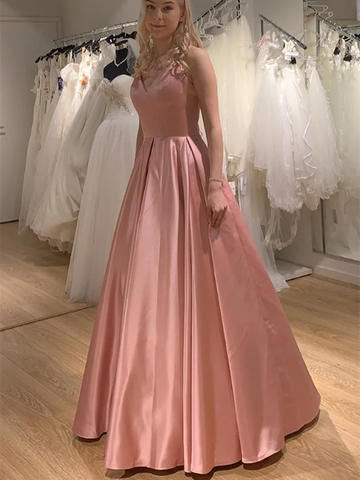 V Neck Princess Pink Satin Long Prom Dress, V Neck Pink Formal Graduation Evening Dress
