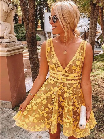 V Neck Short Yellow Lace Prom Dresses, Short Yellow Lace Formal Homecoming Graduation Dresses