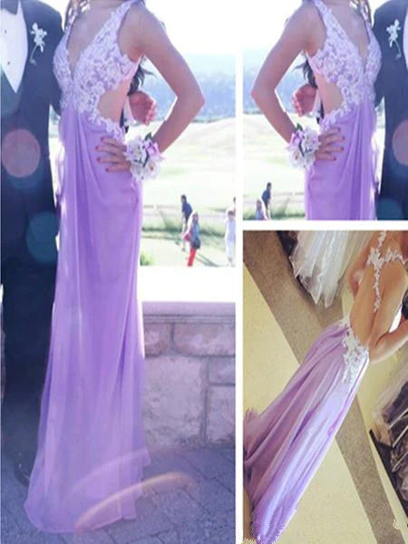 Custom Made A Line V Neck Open Back Light Purple Lace Prom Dresses, Backless Lilac Lace Formal Dresses, Bridesmaid Dresses