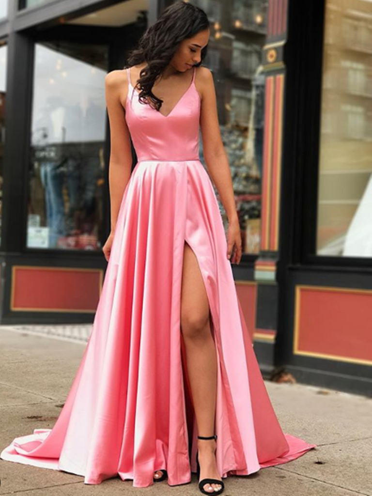 Simple V Neck Pink Satin Long Prom Dresses With Leg Slit, V Neck Pink Satin  Long Formal Evening Dresses