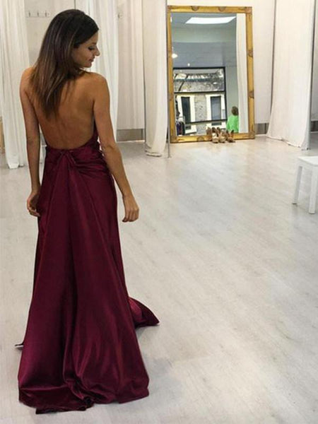 A Line V Neck Maroon/Burgundy Long Prom Dress with Slit, Maroon/Burgundy Formal Dress