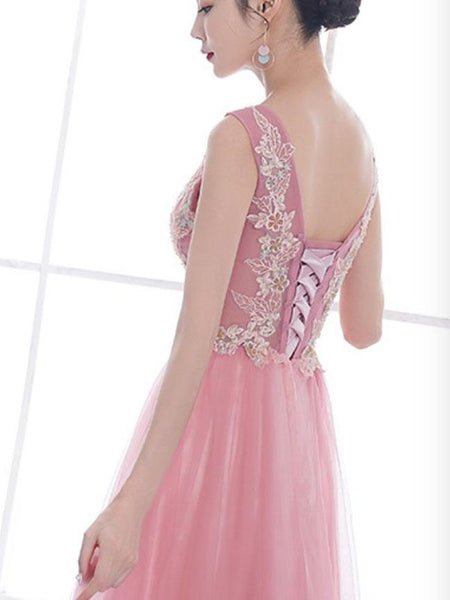 Pink v neck tulle lace long prom dress, pink tulle lace formal evening dress