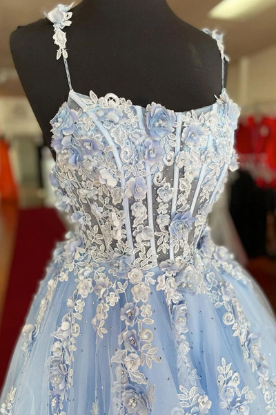 A Line Lace Tulle  Appliques Blue Long Prom Dresses,  Lace Floral Blue Formal Graduation Evening Dresses
