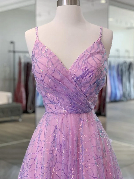 Shiny V Neck Open Back Lilac Prom Dresses with Straps, Backless Purple Formal Evening Dresses