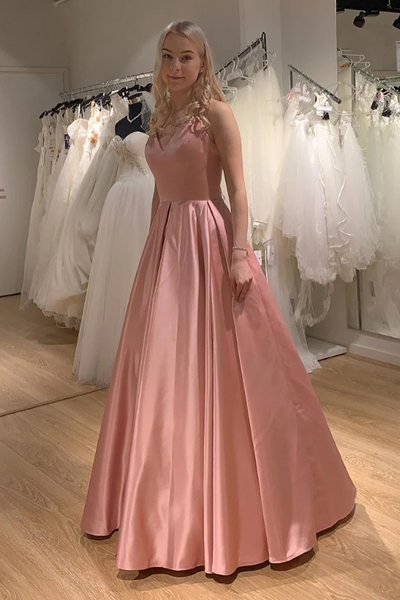 V Neck Princess Pink Satin Long Prom Dresses, V Neck Pink Formal Graduation Evening Dresses