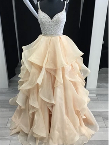 V Neck Champagne Beading Bodice Tulle Long Prom Dress with Layers