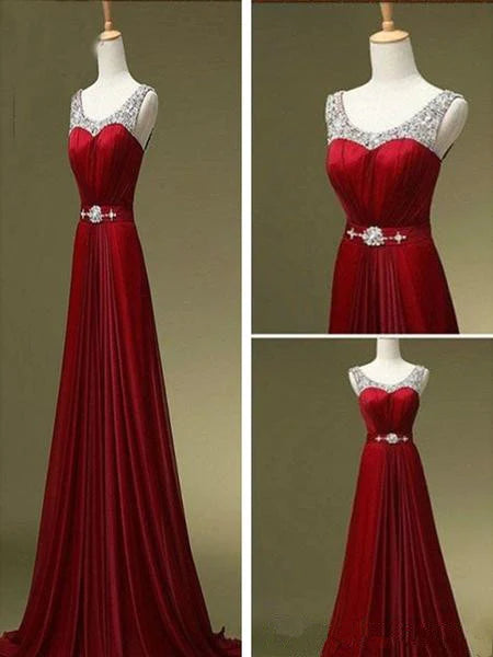 Custom Made A Line Dark Red Round Neck Long Prom Dresses, Bridesmaid Dresses, Formal Dresses