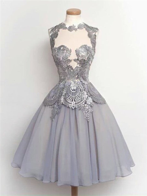 Custom Made High Neck Short Lace Grey Prom Dresses, Short Formal Dress morievent Custom Made High Neck Short Lace Grey Prom Dresses, Short Formal Dress morievent