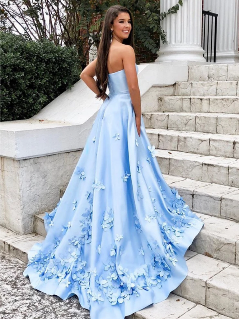 A Line Sweetheart Sky Blue 3D Floral Applique Long Prom Dresses With P morievent A Line Sweetheart Sky Blue 3D Floral Applique Long Prom Dresses With P morievent