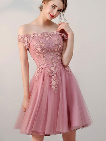 Off-the-shoulder Pink tulle lace short prom dress, pink tulle lace graduation homecoming dress