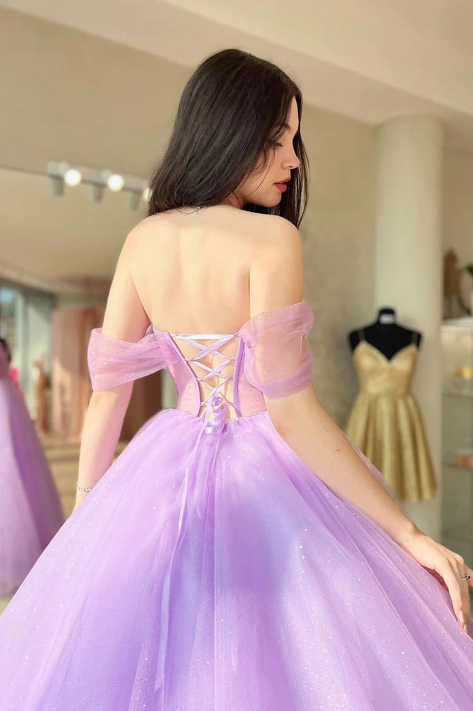 Elegant Off Shoulder Purple Tulle Long Prom Dresses, Off the Shoulder morievent Elegant Off Shoulder Purple Tulle Long Prom Dresses, Off the Shoulder morievent