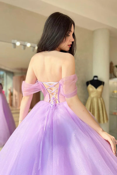 Elegant Off Shoulder Purple Tulle Long Prom Dresses, Off the Shoulder Lilac Formal Dresses,Sweetheart Neck Lavender Evening Dresses
