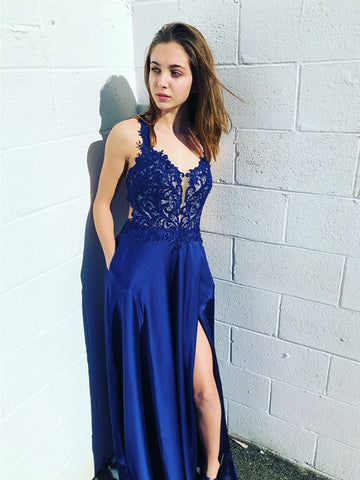 Royal Blue Lace Backless Straps Long Prom Dress With Leg Slit, Royal Blue Lace Backless Formal Evening Dress