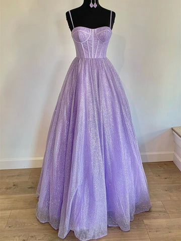 A Line Lavender/Pink Straps Long Prom Dress, Sweetheart Neck Purple/Pink Formal Evening Dress