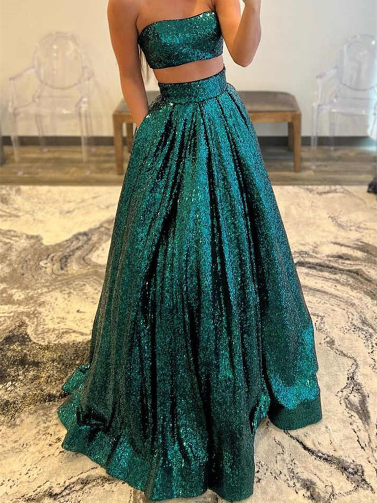 Emerald Green/Gold Sequins Two Piece Prom Dress with Pockets, Two Piec morievent Emerald Green/Gold Sequins Two Piece Prom Dress with Pockets, Two Piec morievent