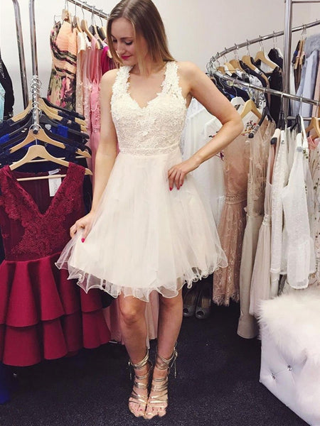 White lace tulle short prom dress, White lace tulle short homecoming graduation dress