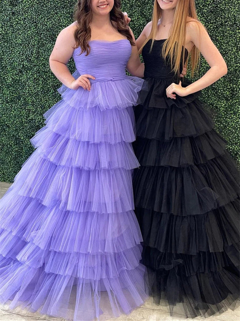 Purple/Black Strapless Tiered A-Line Long Prom Dress With Ruffles, Strapless Purple/Black Tulle Long Formal Evening Dress