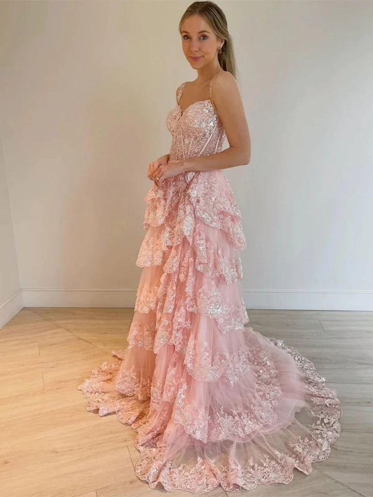 V Neck Pink/Blue/White Lace Layered Long Prom Dresses with High Slit, morievent V Neck Pink/Blue/White Lace Layered Long Prom Dresses with High Slit, morievent