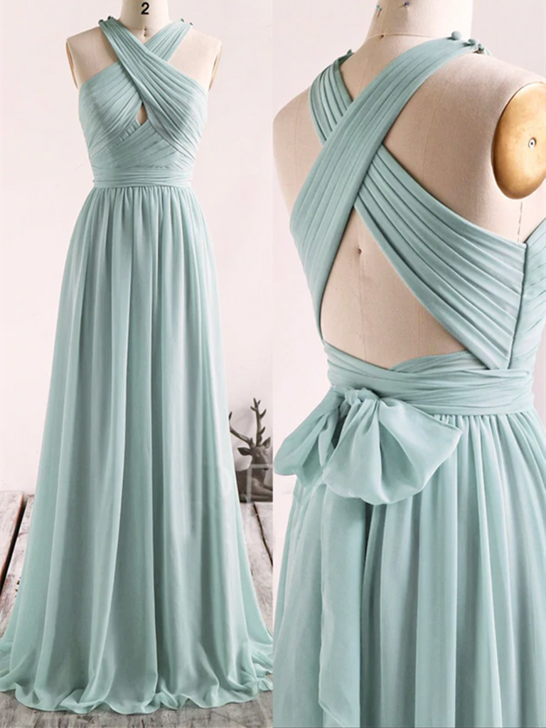 A Line Blue Chiffon Long Prom Dresses, A Line Blue Chiffon Long Formal Evening Dresses