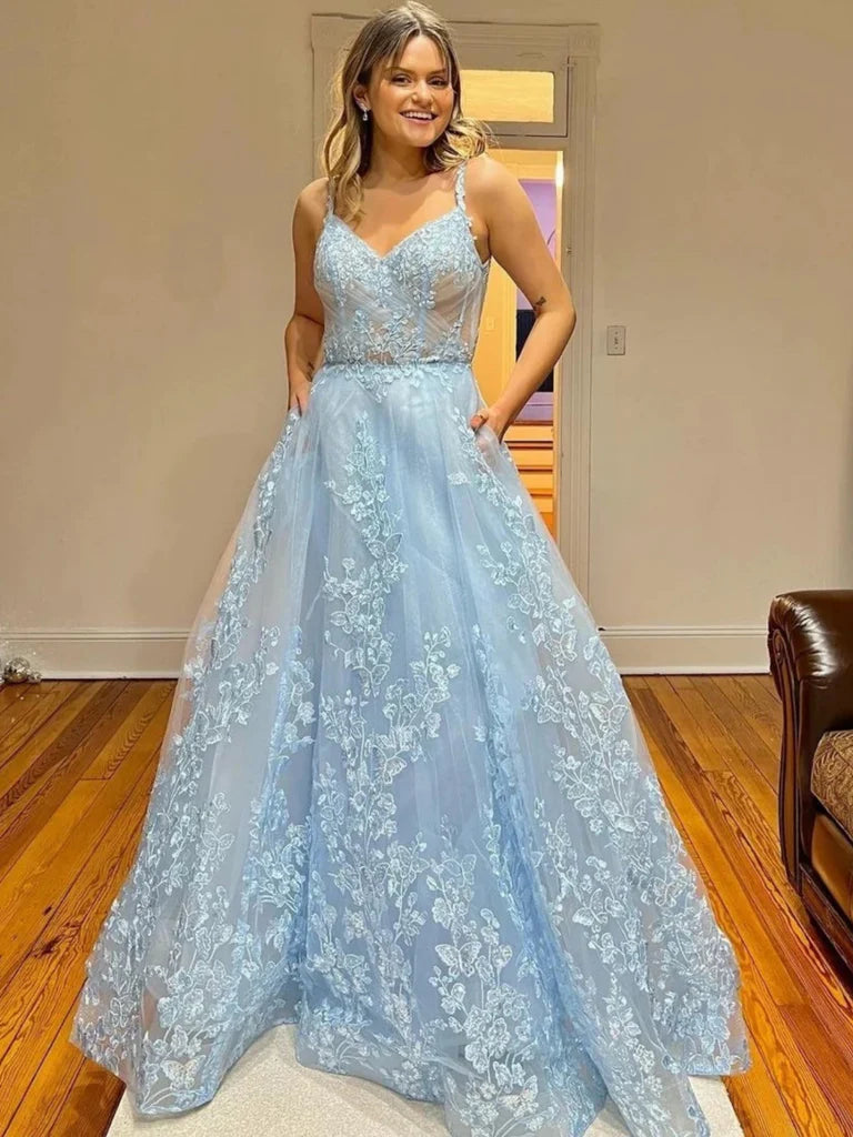 A Line V Neck Light Blue Lace Long Prom Dresses, Light Blue Floral For morievent A Line V Neck Light Blue Lace Long Prom Dresses, Light Blue Floral For morievent