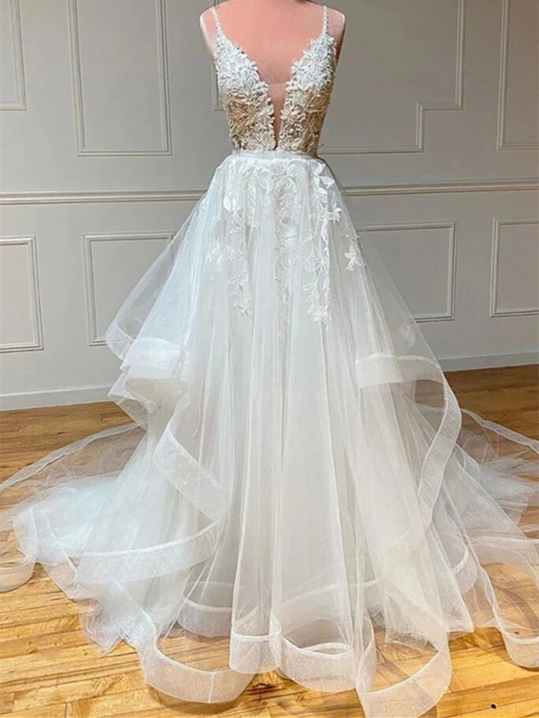 A Line V Neck White Lace Long Prom Dress, White Lace Wedding Dress, Wh
