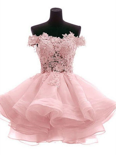  Pink/White Off Shoulder Lace See Through Short Homecoming Dress, Pink/White  Lace Prom Graduation Dress