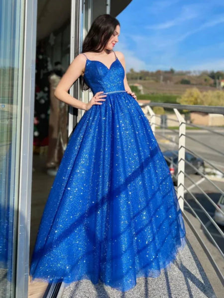 Shiny V Neck Open Back Blue Tulle Long Prom Dresses, Blue Tulle Formal Dresses, Blue Evening Dresses