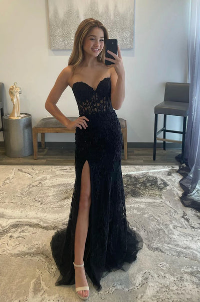 Black Mermaid Lace Long Prom Dress with Slit,  Sweetheart Neck Black Strapless Evening Party Dress