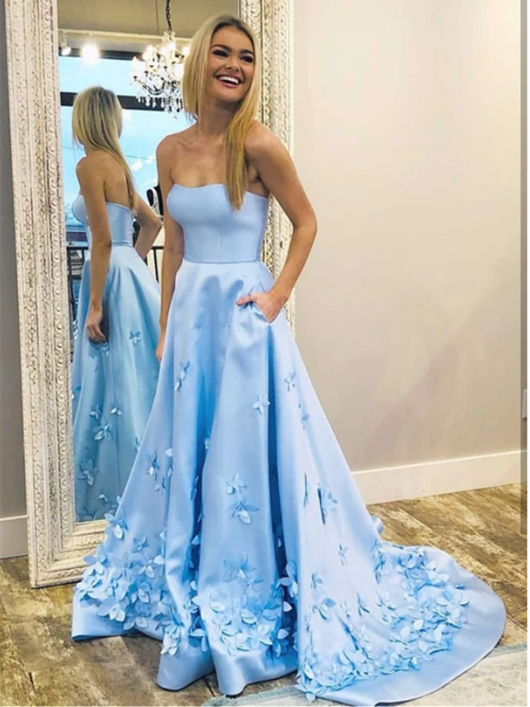 A Line Sweetheart Sky Blue 3D Floral Applique Long Prom Dresses With P morievent A Line Sweetheart Sky Blue 3D Floral Applique Long Prom Dresses With P morievent