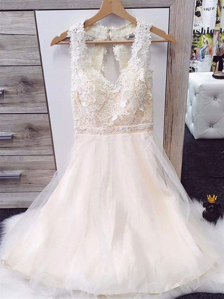 White lace tulle short prom dress, White lace tulle short homecoming graduation dress