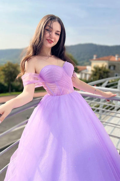 Elegant Off Shoulder Purple Tulle Long Prom Dresses, Off the Shoulder Lilac Formal Dresses,Sweetheart Neck Lavender Evening Dresses