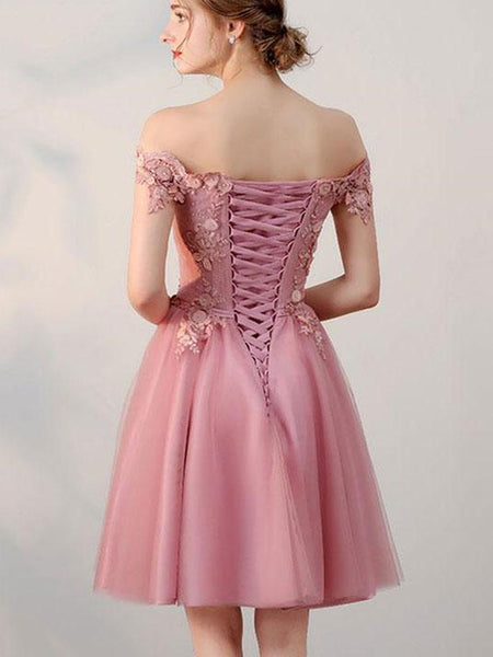 Off-the-shoulder Pink tulle lace short prom dress, pink tulle lace graduation homecoming dress