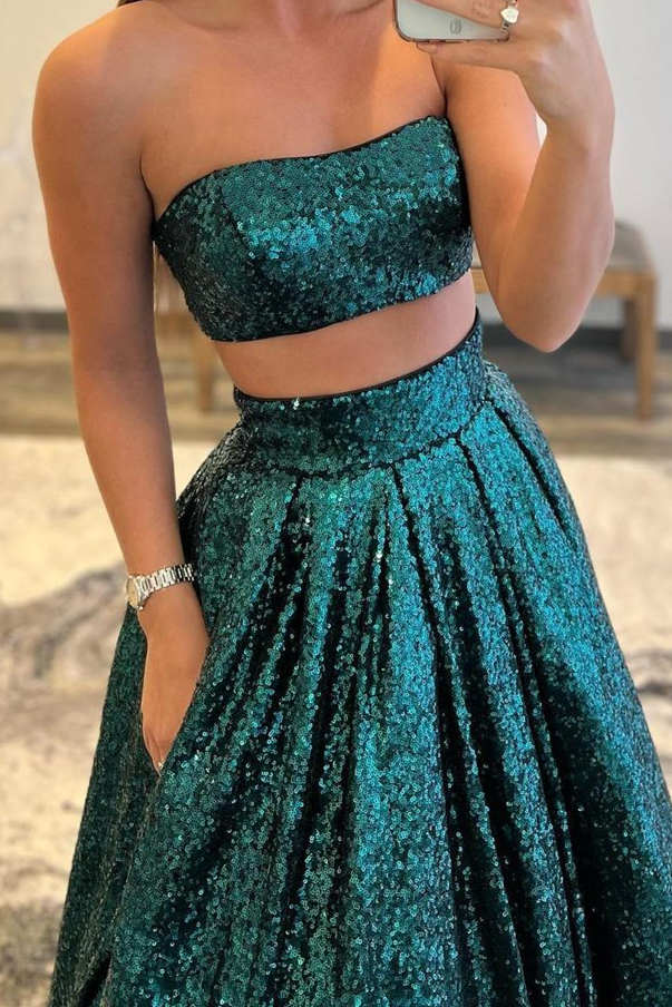 Emerald Green/Gold Sequins Two Piece Prom Dress with Pockets, Two Piec morievent Emerald Green/Gold Sequins Two Piece Prom Dress with Pockets, Two Piec morievent