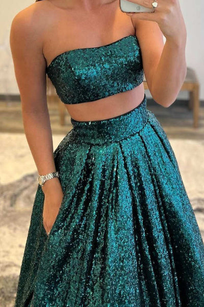 Emerald Green/Gold Sequins Two Piece Prom Dress with Pockets, Two Pieces Formal Evening Dresses